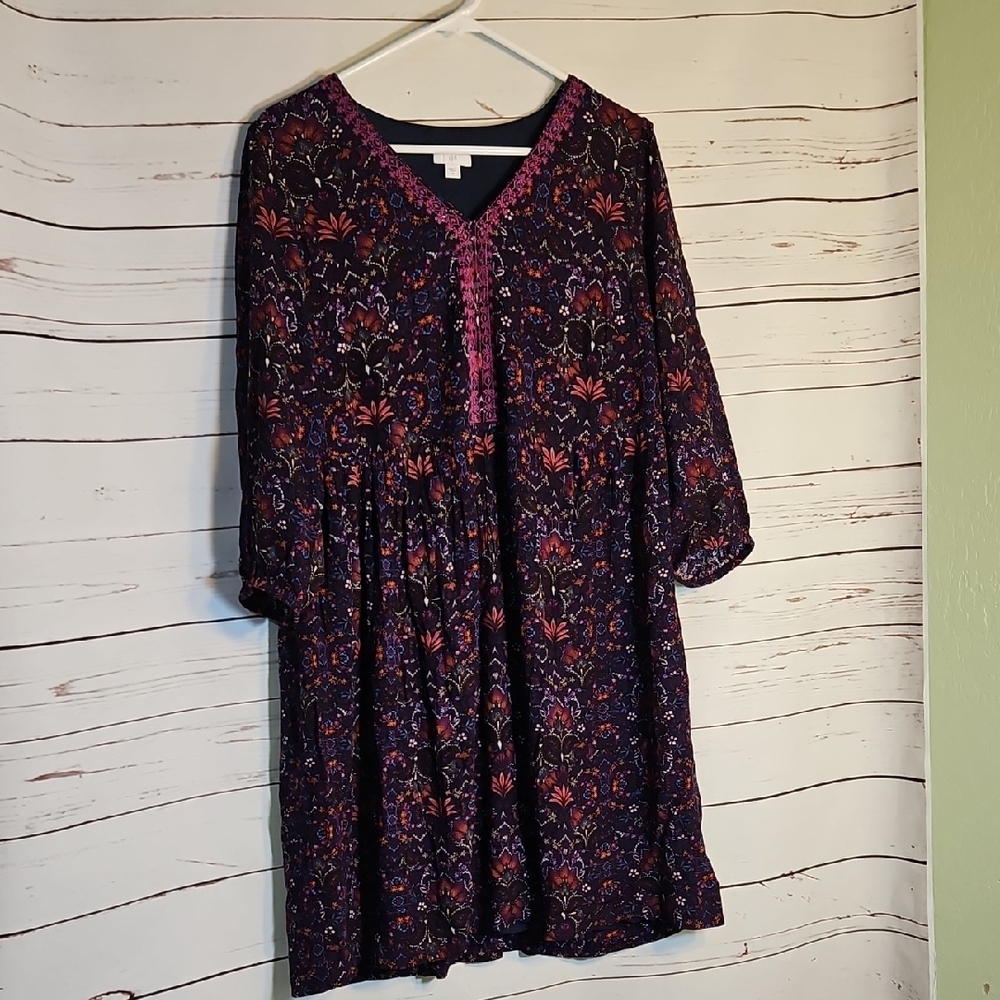 Jill Women's Black Floral Print V‎ Neck Embroidered 3/4 Sleeve Boho Dress,M